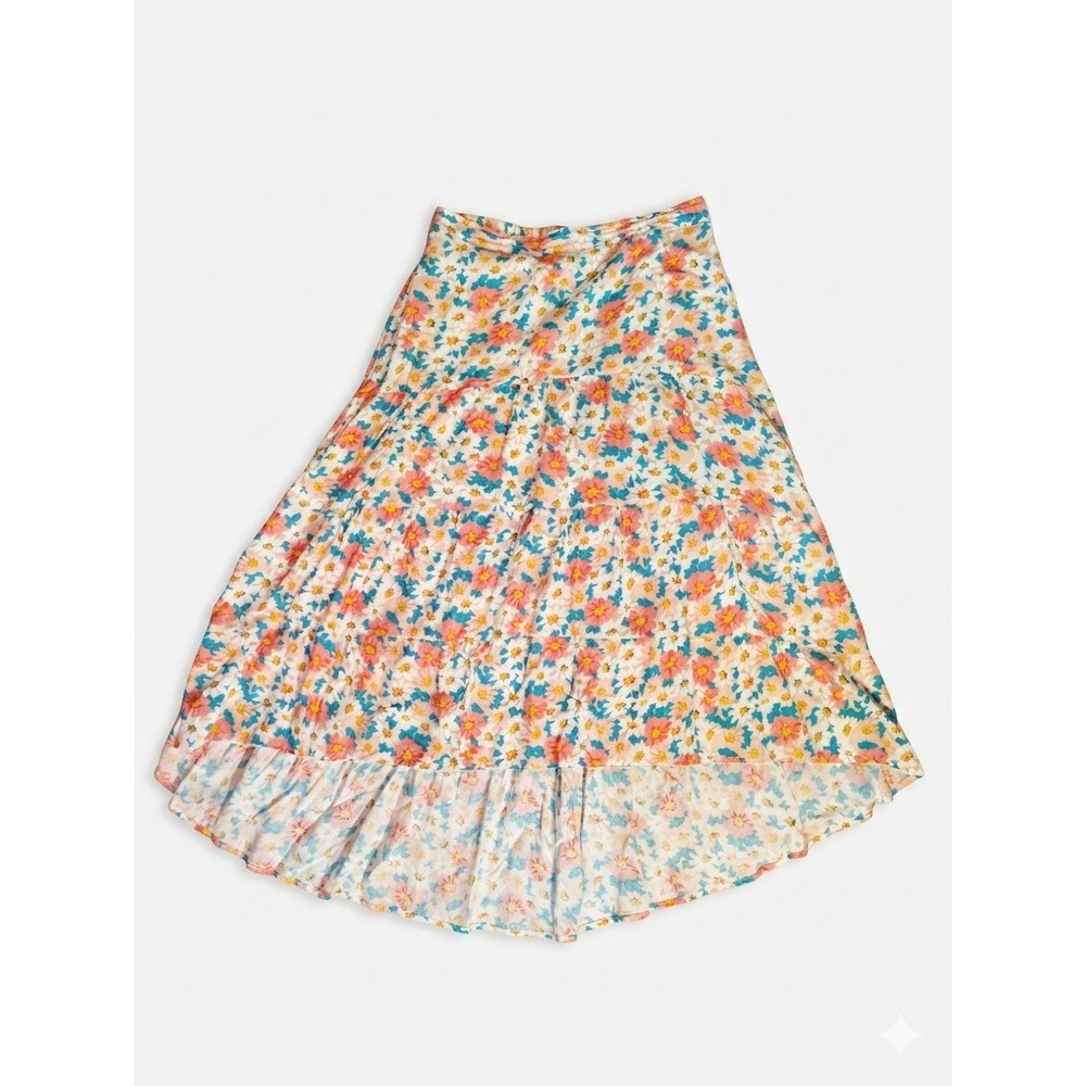PrettyGarden Floral Tiered Midi Skirt Pink Teal Daisy High Low Ruffle Rayon M